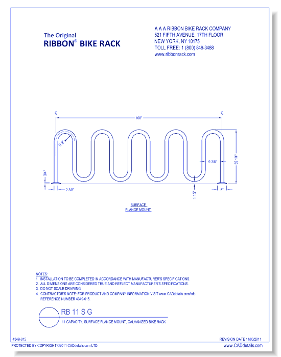 RB 11 S G: 11 Capacity, Surface Flange Mount, Galvanized Bike Rack
