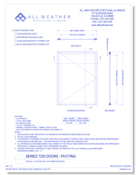 Series 7200 Doors: ADA Sill - Pivoting HR 1-9/16" Narrow Profile