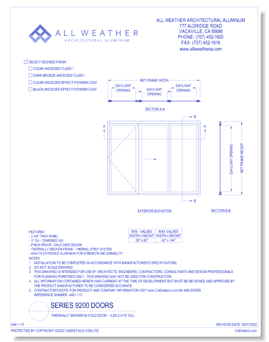 Series 9200 Doors: Thermally Broken - Bi-Fold Door – 1L/2R- 2 3/16”Sill