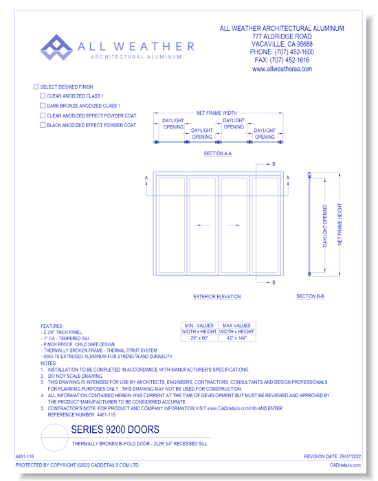 Series 9200 Doors: Thermally Broken - Bi-Fold Door – 2L/2R- ¾ ” Recessed Sill