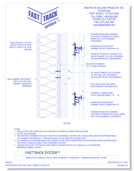FastTrack System™:  Terra Cotta Cladding with STL Angle Standoffs - Wood Detail - Intermediate Bracket - Stone