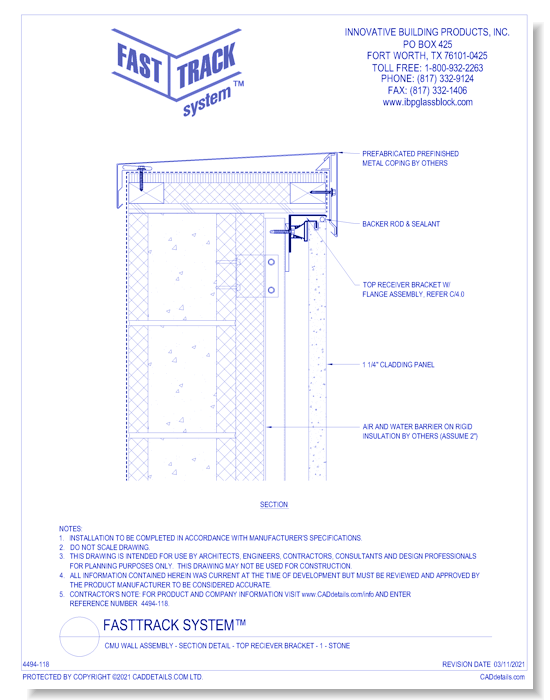 FastTrack System™:  CMU Wall Assembly - Section Detail - Top Reciever Bracket - 1 - Stone