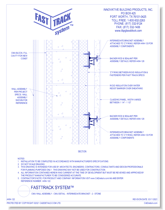 FastTrack System™:  CMU Wall Assembly - CMU Detail - Intermediate Bracket - 2 - Stone