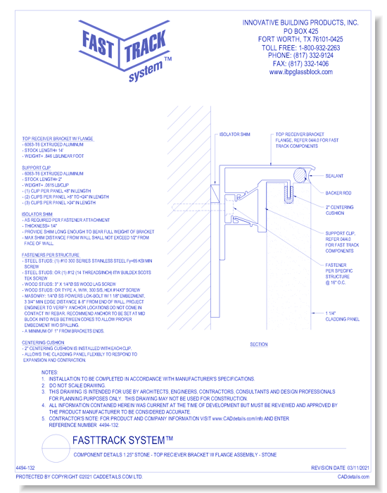 FastTrack System™:  Component Details 1.25" Stone - Top Reciever Bracket w Flange Assembly - Stone