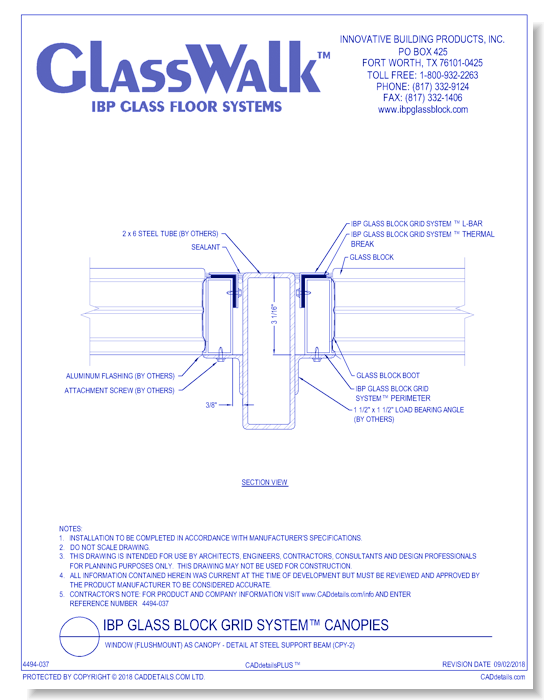 **IBP Glass Block Grid System™** Window (Flushmount) as Canopy - Detail at Steel Support Beam (CPY-2)