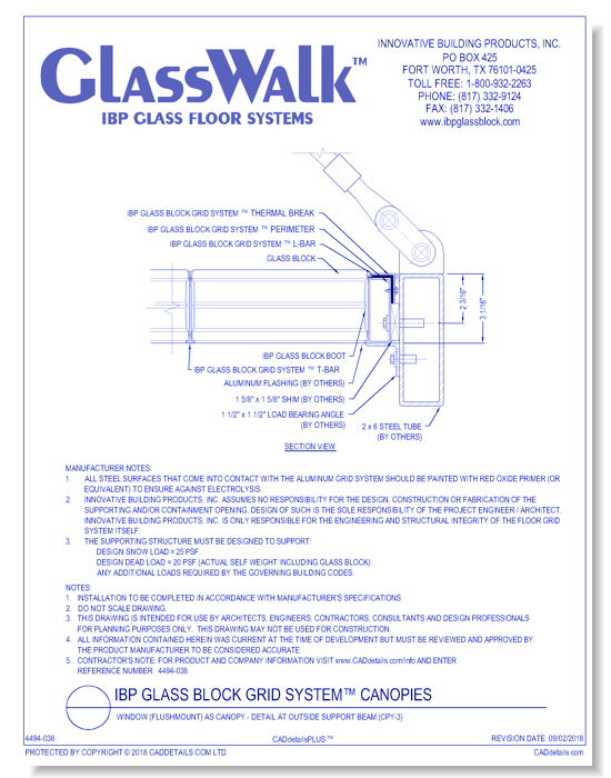 **IBP Glass Block Grid System™** Window (Flushmount) as Canopy - Detail at Outside Support Beam (CPY-3)