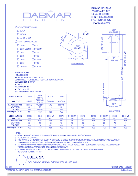 Path, Walkway, Driveway, Entrance Area Bollard D3100