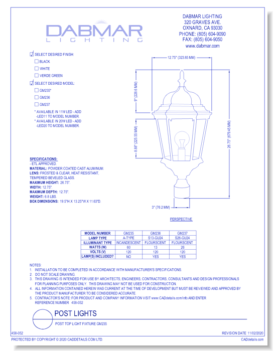 Post Top Light Fixture GM235