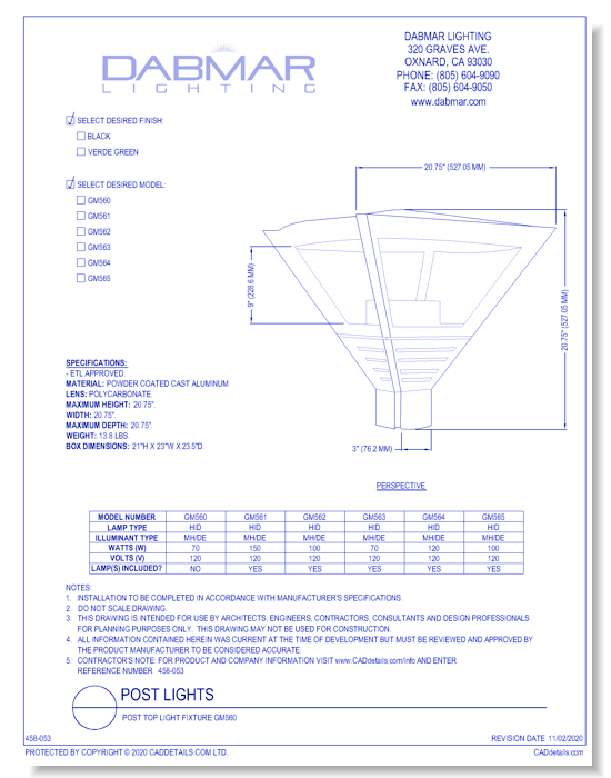 Post Top Light Fixture GM560