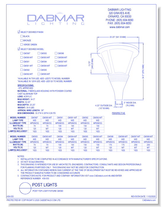Post Top Light Fixture GM580