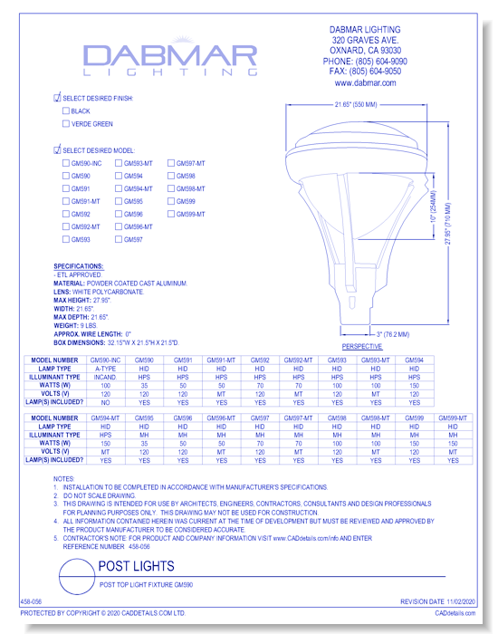 Post Top Light Fixture GM590