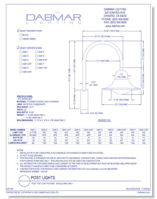 Post Top Light Fixture - Single Arm GM611