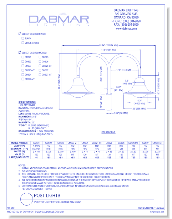 Post Top Light Fixture - Double Arm GM621