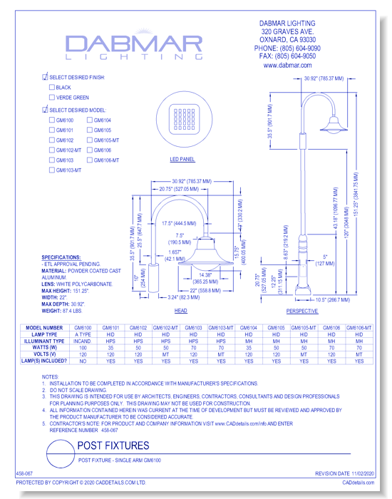 Post Fixture - Single Arm GM6100