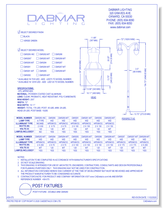Post Fixture - Double Arm GM9280