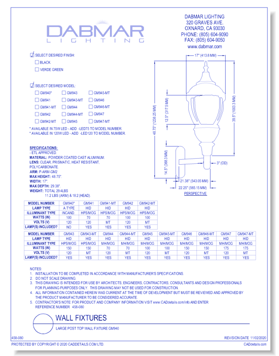 Large Post Top Wall Fixture GM940