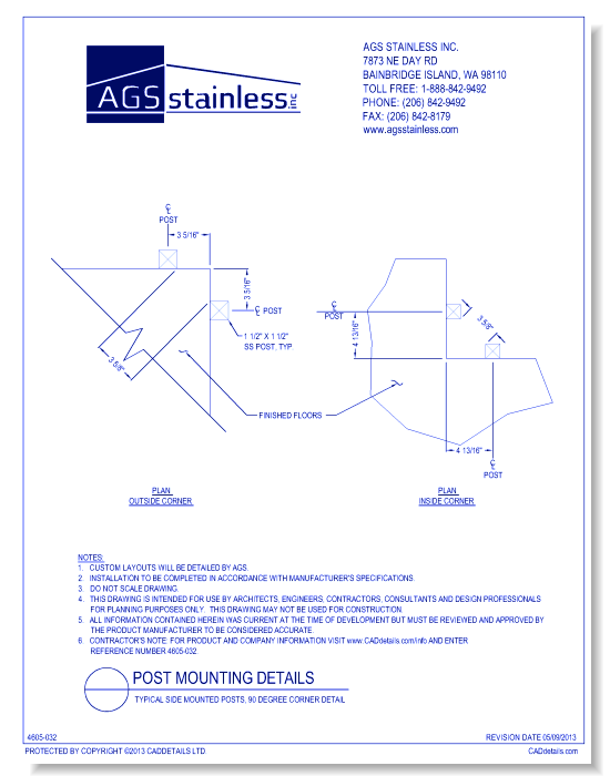 Post Mounting Details: Typical Side Mounted Posts, 90 Degree Corner Detail