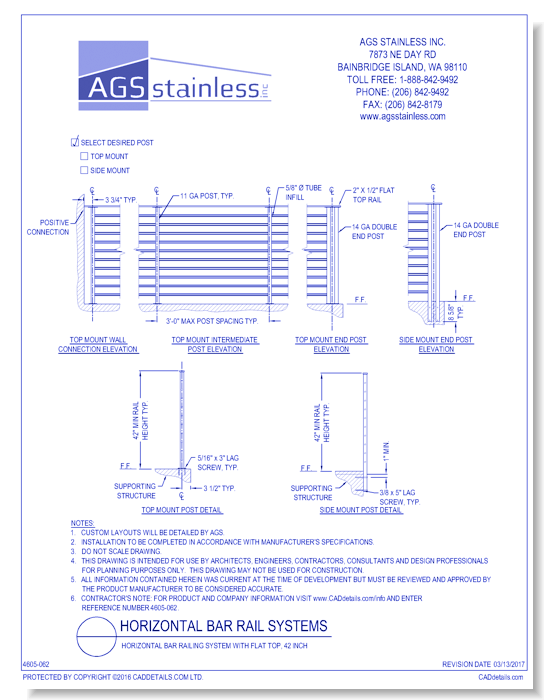 Horizontal Bar Railing Systems: Horizontal Bar Railing System with Flat Top, 42 Inch 