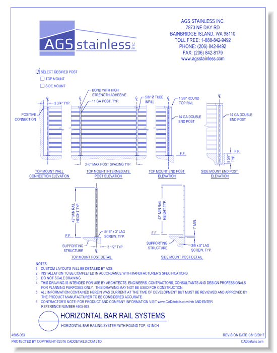 Horizontal Bar Railing Systems: Horizontal Bar Railing System with Round Top, 42 Inch 