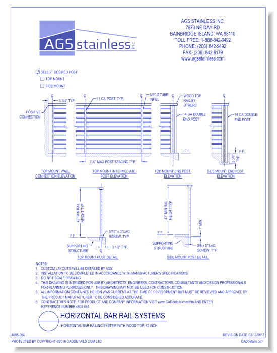 Horizontal Bar Railing Systems: Horizontal Bar Railing System with Wood Top, 42 Inch 