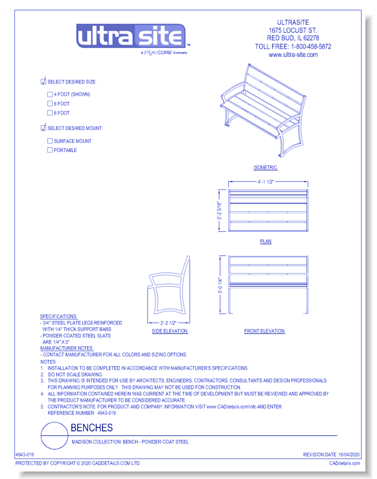 Madison Collection: Bench - Powder Coat Steel
