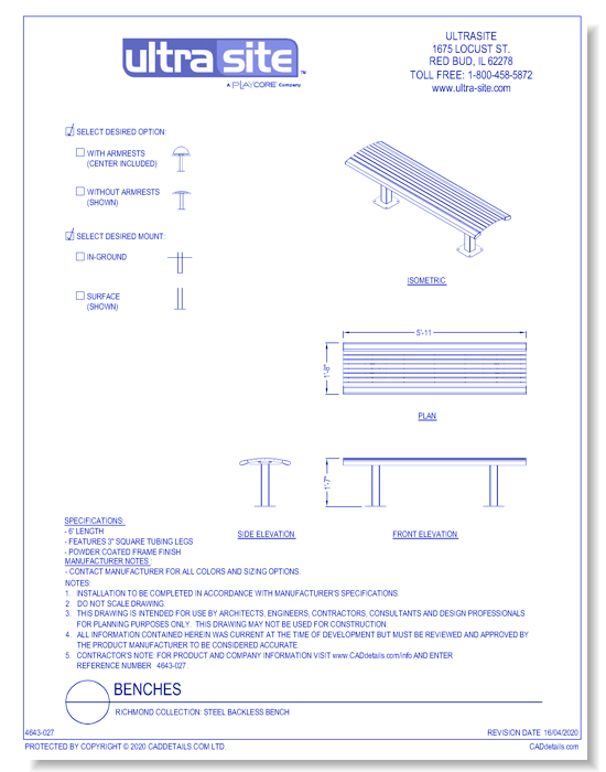 Richmond Collection: Steel Backless Bench