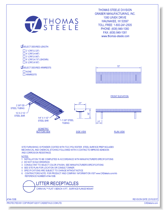 Carnival™ Flat II Bench: 6 Ft., Surface Flange Mount