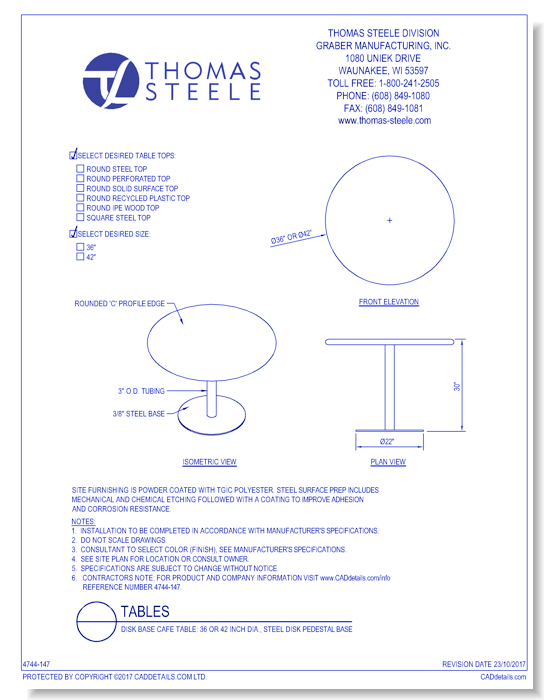 Spec Table Disc Base Café Table: Steel Disk Pedestal Base - Thomas Steele - CADdetails