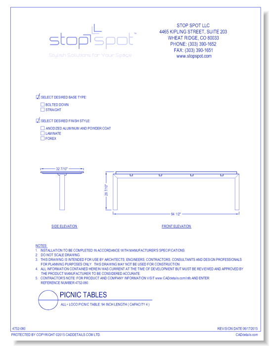 LOCO Picnic Table: 94 Inch Length ( Capacity 4 )