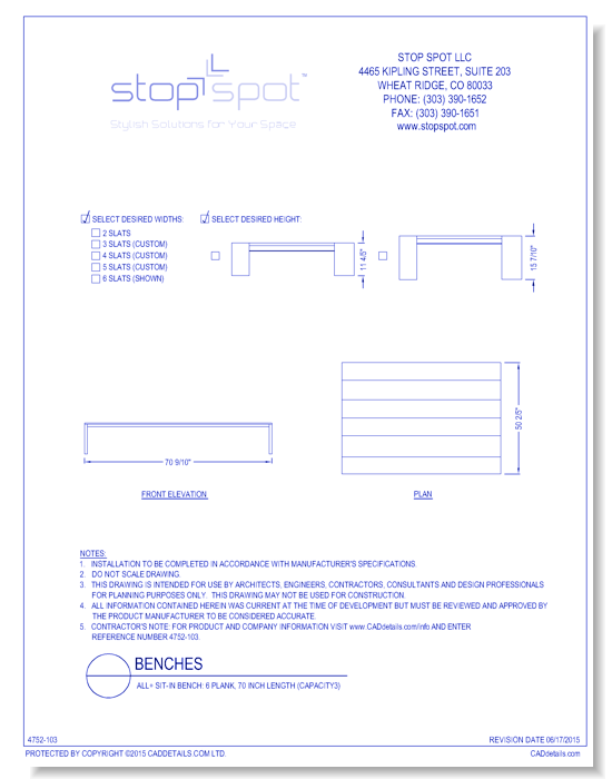 Sit-In Bench: 6 Plank, 70 Inch Length ( Capacity 3 )