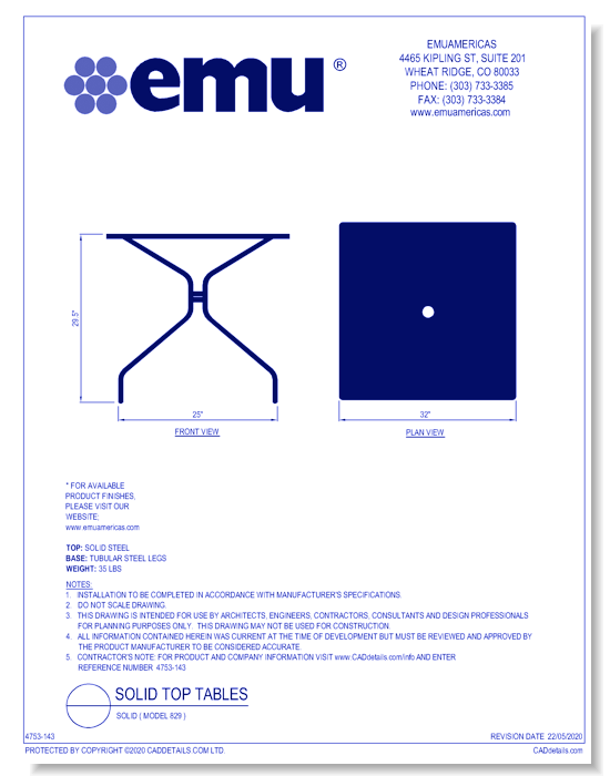 Solid Top Table: Solid ( Model 829 )