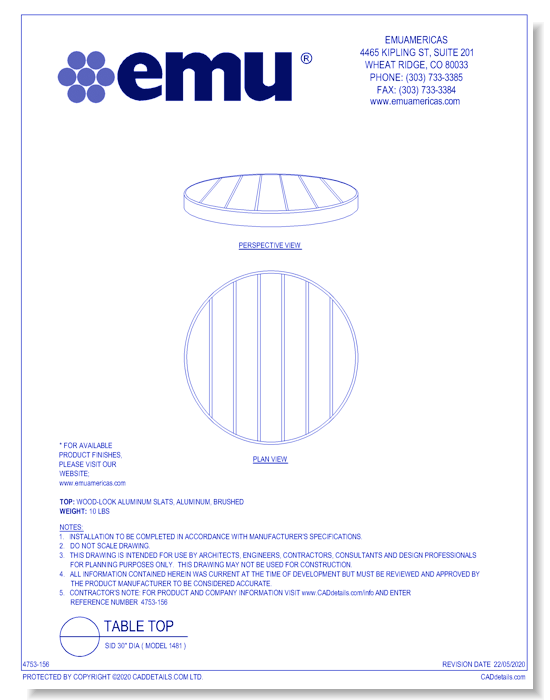 Table Top: Sid 30" Dia ( Model 1481 )