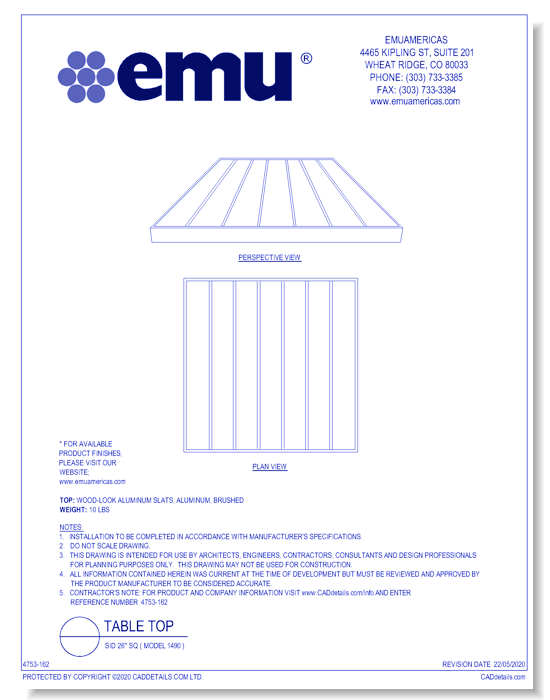 Table Top: Sid 26" Sq ( Model 1490 )