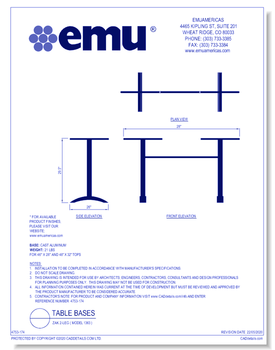 Table Base: Zak 2-leg ( Model 1363 )