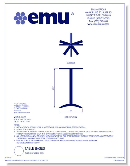Table Base: Zak 5-leg ( Model 1362 )