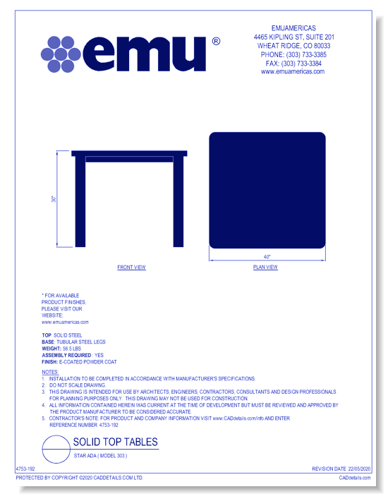 Solid Top Table: Star ADA ( Model 303 )