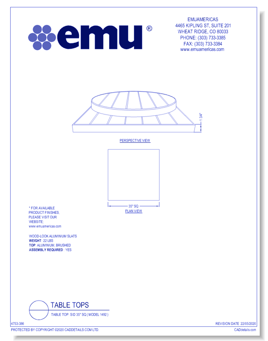 Table Top: Sid 35" Sq ( Model 1492 )
