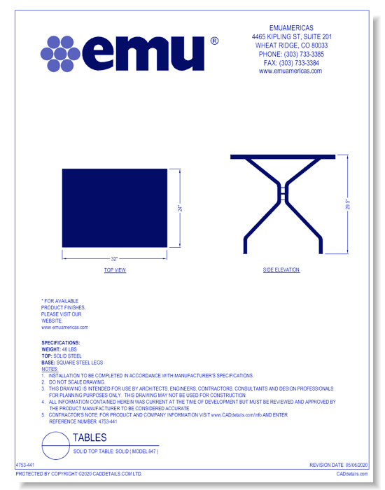 Solid Top Table: Solid ( Model 847 )