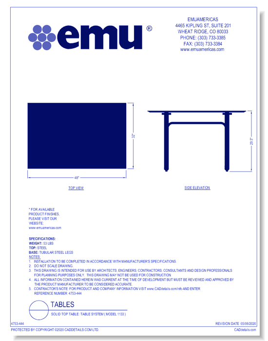 Solid Top Table: Table System ( Model 1133 )
