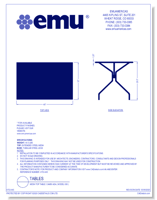 Mesh Top Table: Cambi ADA ( Model 836 )