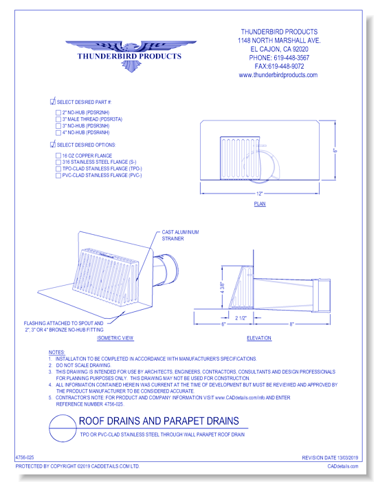 TPO or PVC-Clad Stainless Steel Through Wall Parapet Roof Drain