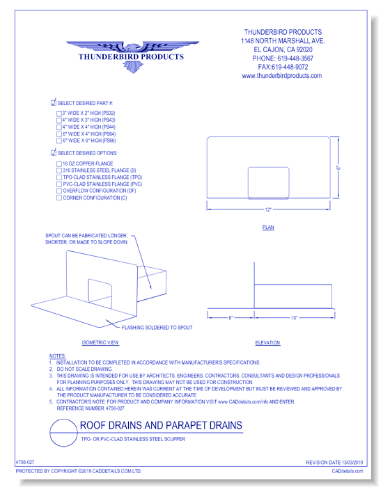 TPO or PVC-Clad Stainless Steel Scupper