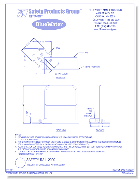 3' Rail Kit: Safety Rail 2000, with Toe Board