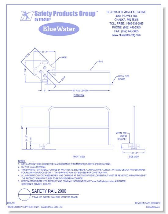 5' Rail Kit: Safety Rail 2000, with Toe Board