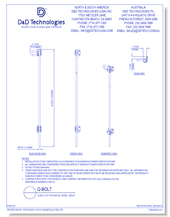 Q-Bolt 40" for Metal Gates - QB140