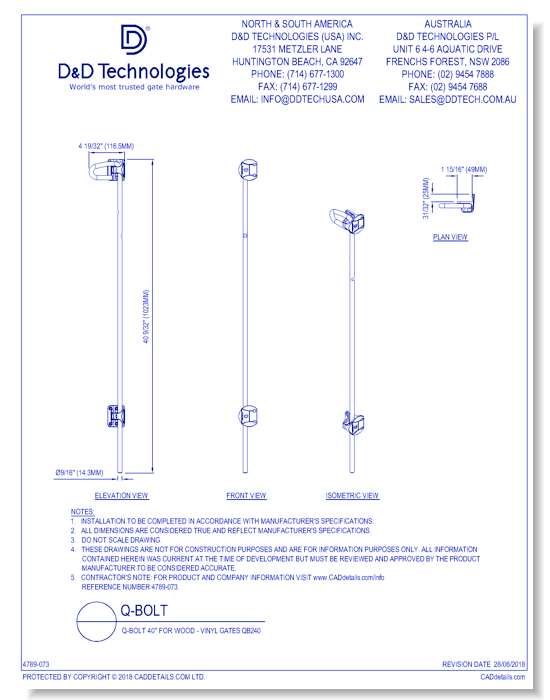 Q-Bolt 40" for Wood - Vinyl Gates QB240