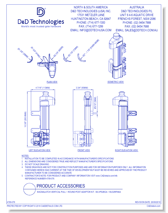 MagnaLatch Vertical Pull + Round Post Adaptor Kit - MLVPS2BGA + MLS2RPAKA
