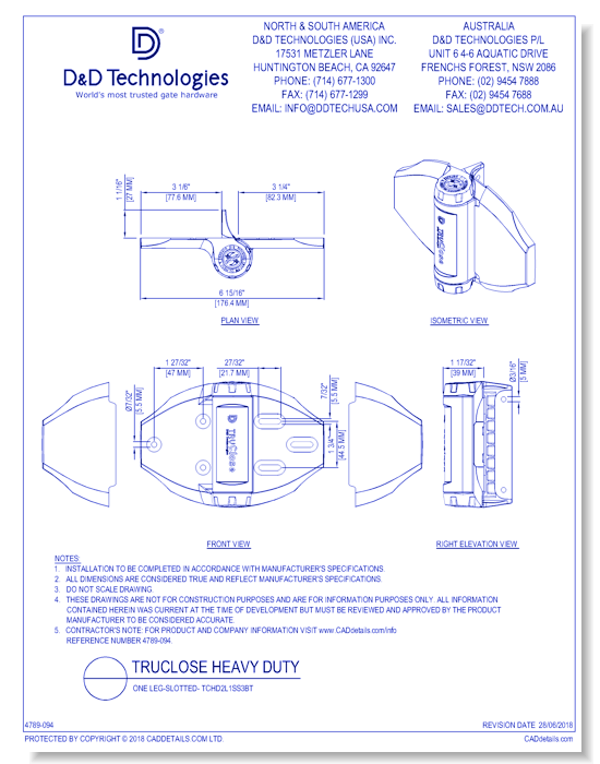 TruClose Heavy Duty - One Leg-Slotted- TCHD2L1SS3BT