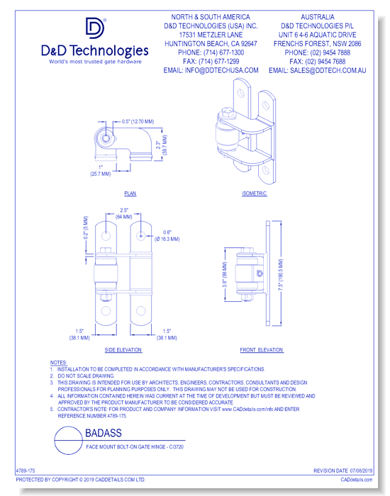Face Mount Bolt-On Gate Hinge - CI3720