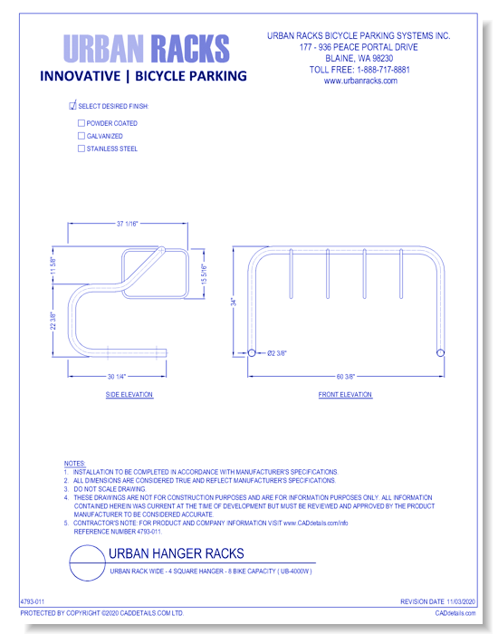 Urban Hanger Racks: Urban Rack Wide - 4 Square Hanger - 8 Bike Capacity ( UB-4000W )